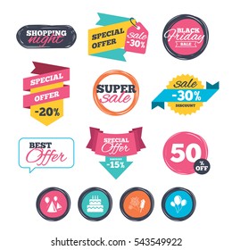 Sale stickers, online shopping. Birthday party icons. Cake, balloon, hat and muffin signs. Fireworks with rocket symbol. Double decker with candle. Website badges. Black friday. Vector