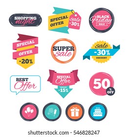 Sale stickers, online shopping. Birthday party icons. Cake and gift box signs. Air balloons and fireworks symbol. Website badges. Black friday. Vector