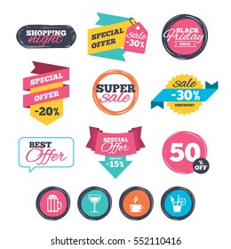 Sale stickers, online shopping. Drinks icons. Coffee cup and glass of beer symbols. Wine glass and cocktail signs. Website badges. Black friday. Vector