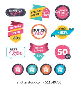 Sale stickers, online shopping. Sale gift box tag icons. Discount special offer symbols. 30%, 50%, 70% and 90% percent off signs. Website badges. Black friday. Vector