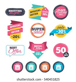 Sale stickers, online shopping. Sale gift box tag icons. Discount special offer symbols. 50%, 60%, 70% and 80% percent discount signs. Website badges. Black friday. Vector