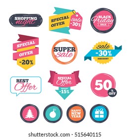 Sale stickers, online shopping. Happy new year icon. Christmas tree and gift box sign symbols. Website badges. Black friday. Vector