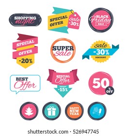 Sale stickers, online shopping. Happy new year icon. Christmas tree and gift box signs. Fireworks rocket symbol. Website badges. Black friday. Vector