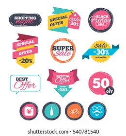 Sale stickers, online shopping. Hipster photo camera. Mustache with beard icon. Glasses and tie symbols. Bicycle sign. Website badges. Black friday. Vector