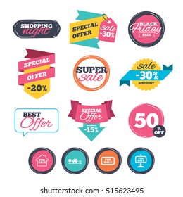 Sale stickers, online shopping. For sale icons. Real estate selling signs. Home house symbol. Website badges. Black friday. Vector