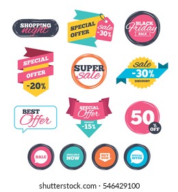 Sale stickers, online shopping. Sale icons. Special offer speech bubbles symbols. Buy now arrow shopping signs. Available now. Website badges. Black friday. Vector