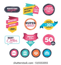 Sale stickers, online shopping. speech bubble icon. Black friday gift box symbol. shopping bag. Low price arrow sign. Website badges. Black friday. Vector