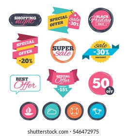 Sale stickers, online shopping. Travel icons. Sail boat with lifebuoy symbols. Cloud with sun weather sign. Palm tree. Website badges. Black friday. Vector