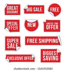 Sale stickers, promotional labels realistic vector illustration set. Great discount, limited time offer, free shipping isolated on white background. Shopping, advertising badges collection