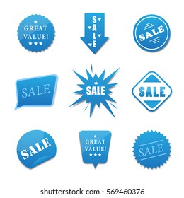 Sale stickers set different shapes,isolated on white background.Vector illustration,graphic design.Square,rectangular,twisted template. Collection of commercial signs. Curled edge theme of consumerism