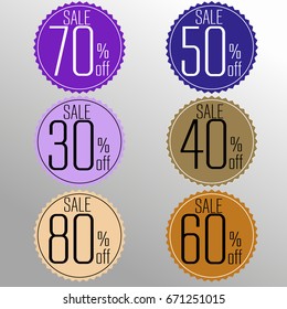 Sale stickers set in flat. Mega sale, discount, best offer, hot sale, 30 15 40 70 50 % off sale. Vector illustration isolated on white background. Template for promotion banner, flyers, shopping cards