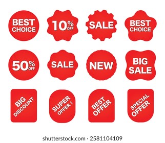 Sale stickers set. Red colour discount stickers. Best offer product labels. Sale tags and stickers collection. Special offer, 10% off, 50% off, Best choice, New, Big sale. Vector illustration