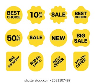 Sale stickers set. Yellow colour discount stickers. Best offer product labels. Sale tags and stickers collection. Special offer, 10% off, 50% off, Best choice, New, Big sale. Vector illustration 