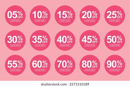 Sale stickers tag discount set. 05. 10.15. 20. 25. 30. 35. 40. 45. 50. 55. 60. 70. 80. and 90 percent price clearance sticker badge banner label vector Illustration.