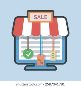 sale store desktop screen with outline flat vector design.