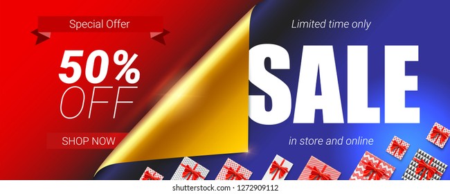 Sale in store and online, special offer. Up to 50 percent discount. Banner with design of text, curled corner with open gift wrap paper and gift boxes. Vector 3d illustration for discount actions.