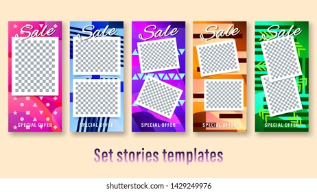 Sale stories for foto template. Set banners with colorful geometric shapes. Vertical gradient vector, illustration can use for website, mobile app, poster, flyer, gift card, smartphone template.