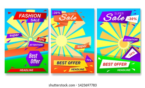 Sale stories. Set banners with colorful geometric shapes. Vertical gradient vector, illustration  
