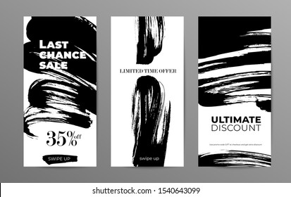 Sale story template for social media. Wholesale web banner designs pack. Low prices and discounts offers promo posters collection. Black paint brushstrokes illustrations with typography