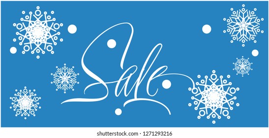 Sale - stylish hand drawn lettering; with snowflakes on blue background. Vector illustration for discount shopping, commerce, posters, prints, banners, flyers, stickers, promo, online stores, web.