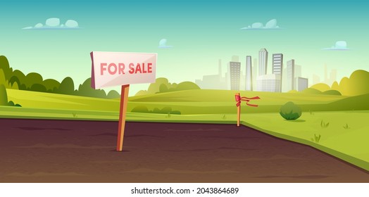 Sale of suburban land. A sign on the ground for the sale. Rural area near the city. Field or site for construction