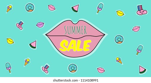 Sale summer banner with different objects. Advertising poster with special offer