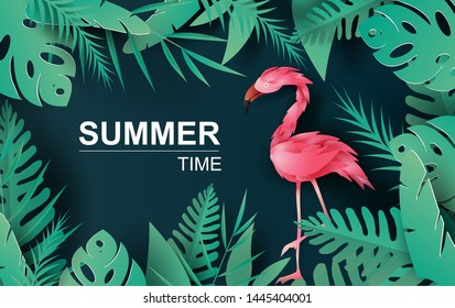 Sale Summer banner with flamingo on tropical exotic background,Minimal simple design for poster, flyer, invitation, card,web site.Creative design Paper cut style,Green jungle vector illustration EPS10