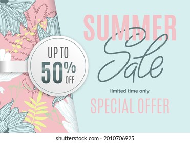 Sale summer banner with flowers ink sketch and white round sticker 50 percent off. Fashion promotion for a banner, shopping, discount, invitation, certificate, coupon. Vector illustration