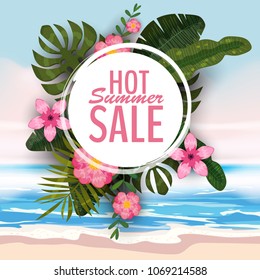 Sale summer banner, poster with palm leaves, jungle leaf and tropical flowers. Sea tropical summer background. Vector illustration EPS10