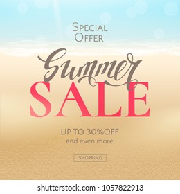 Sale summer banner with text, beach, sea and waves. Vector travel background for design of flyers and newsletters with discount offers.