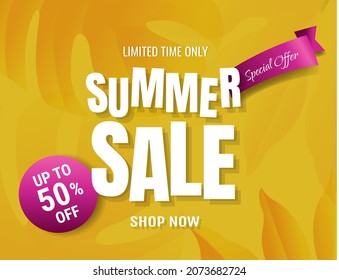 Sale Summer Banner And Tropical Leaves, Vector Illustration