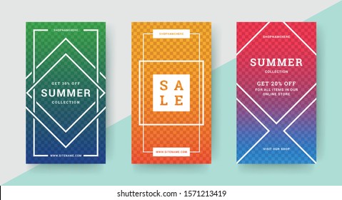 Sale summer banners templates design with place for photo and discount messages vector illustration. Social media mobile apps posts, vouchers or season posters with colorful gradients.