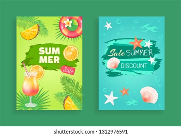 Sale summer best discount vector banners. Promotion and special offers in summertime. Cocktail and pineapple slices, seashells floating in sea water