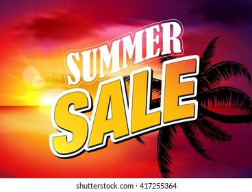 Sale. Summer Discount or Clearance Offer Card. Tropical Sunset Background. Caribbean  Vector Scene. 