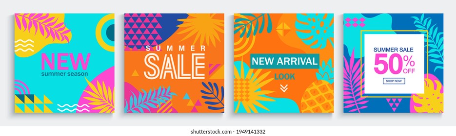 Sale summer flyers with geometric figures and tropical leaves for fashion retail.Abstract discount banners,cards with fluid shapes.Template for invitation,shopping,design,sales,web,offer.Vector