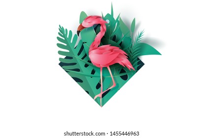 Sale Summer frame banner with pink color flamingo on tropical leaf exotic background,Minimal simple design for card.Creative design Paper cut and craft style,Green jungle vector illustration EPS10