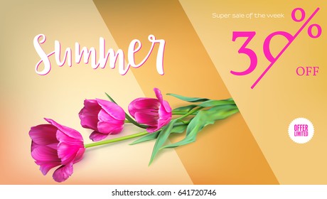 Sale, summer sale, get your discount. Horizontal ad with a bouquet of tulips on colored background. Template for shopping, advertising, percentage of discounts, flyers, invitation, posters, brochure.