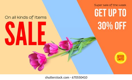 Sale, summer sale, get your discount. Horizontal ad with a bouquet of tulips on colored background. Template for shopping, advertising, percentage of discounts, flyers, invitation, posters, brochure.