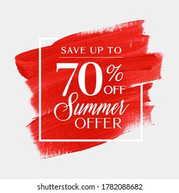 Sale summer offer up to 70% off sign over art brush acrylic stroke paint abstract texture background vector. 