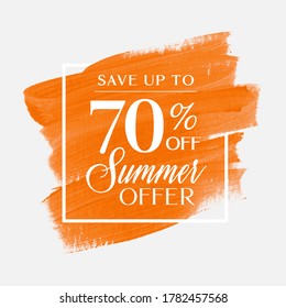 Sale summer offer up to 70% off sign over art brush acrylic stroke paint abstract texture background vector. 