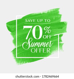 Sale summer offer up to 70% off sign over art brush acrylic stroke paint abstract texture background vector. 