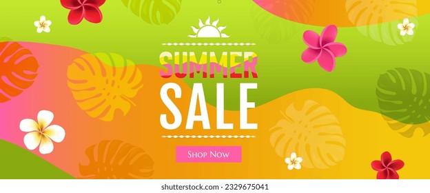 Sale Summer Poster With Tropical Leaves And Flowers With Gradient Mesh, Vector Illustration