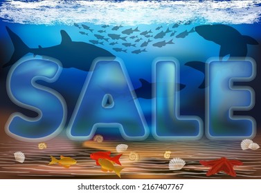 Sale summer underwater card with shark and tropical fish. vector illustration	