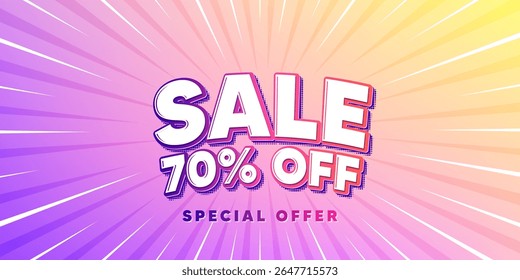 Sale sun rays gradient banner. Light burst background. Sale 70 percent off discount. Promotion price offer sign. Retail badge symbol. Gradient sun rays. Sunburst light. Vector