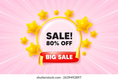 Sale sunburst ray banner. Big sale flag ribbon. Sale 80 percent off discount. Promotion price offer sign. Retail badge symbol. 3d stars glitter. Red ribbon tag. Discount offer. Vector