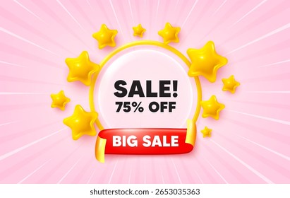 Sale sunburst ray banner. Big sale flag ribbon. Sale 75 percent off discount. Promotion price offer sign. Retail badge symbol. 3d stars glitter. Red ribbon tag. Discount offer. Vector