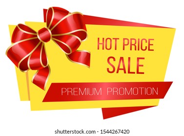 Sale super choice at shop. Isolated promotional banner of rounded shape with red ribbon bow decoration. Announcement of discounts in stores. Proposal at market, clearance for clients, vector