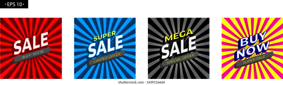 Sale, super sale, mega sale, buy now. Set banner design template marketing. Landing Instagram story, Insta stories
