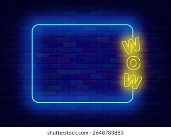 Sale and surprise neon announcement. Empty white frame and wow text. Discount special offer. Vector illustration