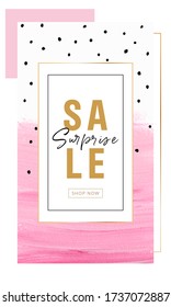 Sale Surprise sign template design. Vector illustration. Watercolor element background. Pink abstract artwork.